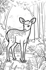 A forest scene coloring page with a fawn. Perfect for children's coloring books. Illustrated in black and white outline.