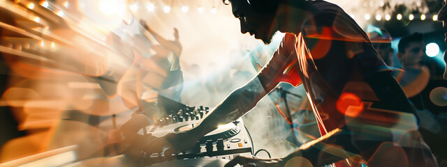 Euphoric beats: a DJ commands the stage, surrounded by an ecstatic sea of dancing fans. Double exposure.