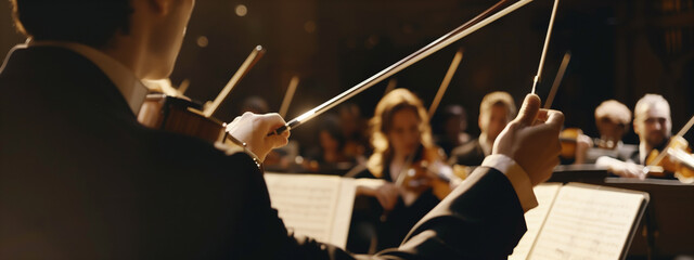 Close-up of a symphony orchestra conductor in the height of a performance.