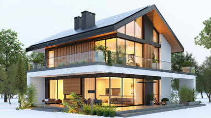 3D model of a modern house with solar panels on roof, showcasing sustainability and innovation in architecture.