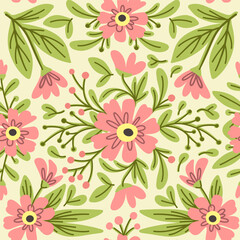Seamless pattern with lush foliage and pink flowers, inscribed in a square, tile pattern