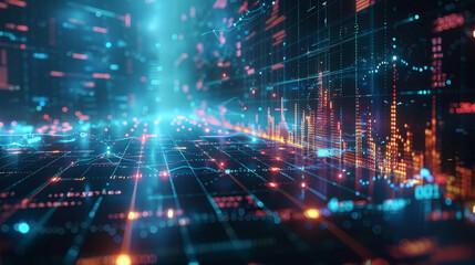 Obraz premium Cutting-edge 3D graph visualization of financial growth with dynamic bars and digital indicators on futuristic interface.