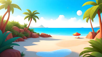 Fototapeta na wymiar Beautiful Beach Scenery, Palm Leaves, Tropical Paradise Art Cartoon Illustration
