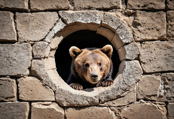 Close up view picture of the hollow hole on the the wall that show a bear cub stay inside the wall