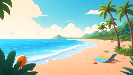 Fototapeta na wymiar Tropical Beach Cartoon, Sunny Sands, Sea Paradise Cartoon Illustration