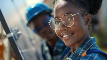 Two african american solar power engineers young woman and man professionals standing next to solar panels wearing glasses smiling lightly