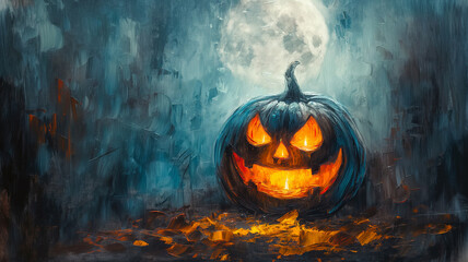 A painting of a pumpkin with a scary face and a full moon in the background