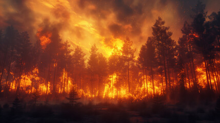 A forest fire is burning in the distance, with the sky in the background being orange. The trees are on fire and the smoke is rising into the sky