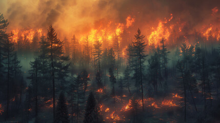A forest fire is raging in a wooded area. The trees are blackened and charred, and the sky is covered with smoke. An environmental disaster. - obrazy, fototapety, plakaty