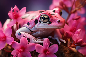 Pink frog with black spots, sitting on pink flowers, macro photography.