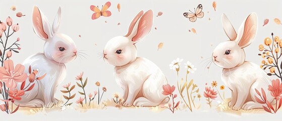 Handdrawn white rabbits in a series of cute wallpapers, featuring pastel colors, with playful poses and accessories like flowers and butterflies