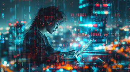 Obraz premium Woman working on laptop in neon glow, perfect for technology and nightlife themes.