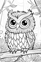 A forest scene coloring page with a owl. Perfect for children's coloring books. Illustrated in black and white outline.