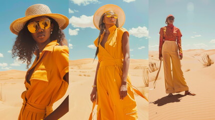Fototapeta premium Elegant desert fashion contrasting ancient carvings, perfect for travel and luxury.