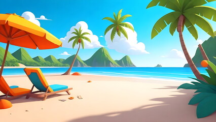 Fototapeta na wymiar Beach Landscape, Beach Chairs, Umbrella, Summer Holiday Background, Cartoon Scene Illustration