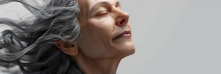 portrait of woman feeling relaxed , woman feeling peaceful , woman with grey hair , beauty treatments on face , face lift 