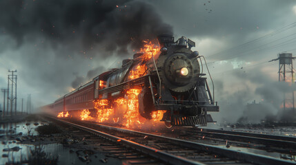 Fototapeta premium A train is on fire and is traveling down the tracks. The train is surrounded by smoke and fire, and the sky is dark and cloudy.