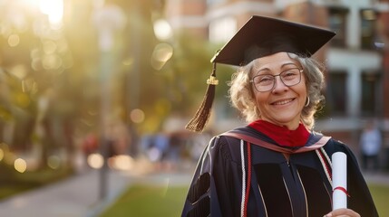 Mature woman in graduation attire smiling outdoors with sunlight.