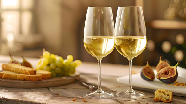 Two wineglasses of vintage chardonnay with delicious appetizers Couple of glasses of white wine italian breadsticks figs and grapes Interior background Close up copy space : Generative AI