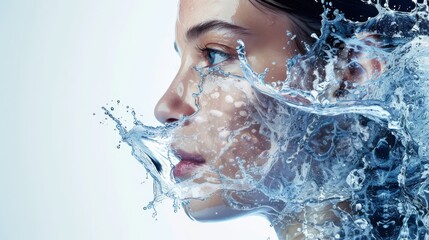 Woman's face with droplets, for concepts of hydration and clean beauty.