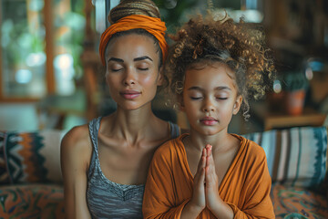 Mother and daughter practicing yoga meditation at home. Close-up portrait with a serene and peaceful expression. Family wellness and mindfulness concept. Design for lifestyle blog, wellness community 
