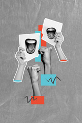 Vertical photo collage of crowd hands hold banner sheet paper mouth scream irritated rights freedom...