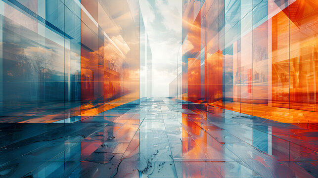 Multiple exposure to modern abstract glass architectural, generative Ai