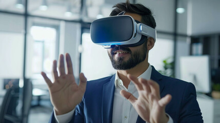Businessman wearing shirt and suit working while using a VR headset. attractive gesture pose. in office room.