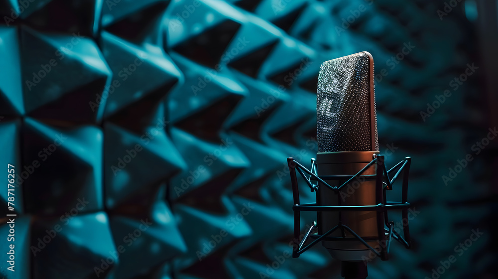 Poster Professional microphone with pop shield on the stand Recording studio with black noise cancelling wall : Generative AI