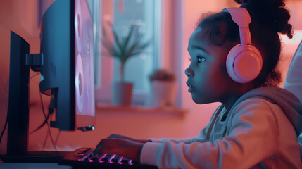 Cute black little girl with wireless headphones using laptop at home sitting on window and looking at screen typing on computer keyboard playing video games on computer copy space : Generative AI