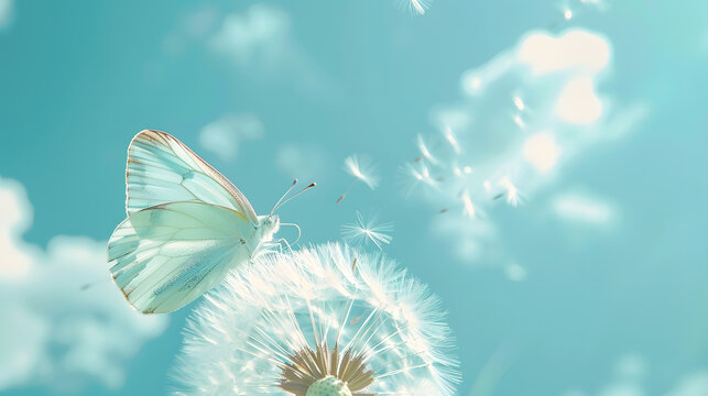 Fototapeta Natural pastel background Morpho butterfly and dandelion Seeds of a dandelion flower on a background of blue sky with clouds Copy spaces : Generative AI