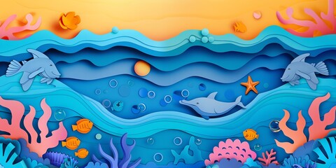 Fototapeta na wymiar A paper art background world ocean day, banner, colorfull, negative space, aspect ratio 2:1