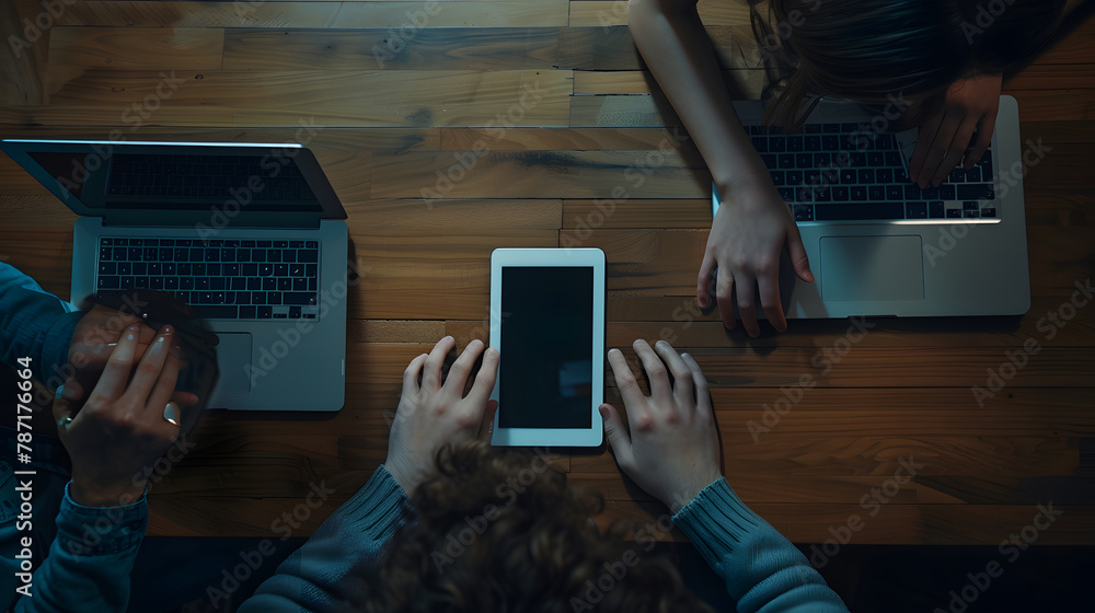 Aufkleber top view of a young woman and a young man who works with a laptops phone and tablet on the table  digital tablet with blank copy space screen for your information : Generative AI