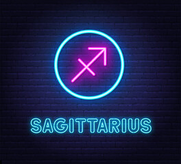 Neon Sagittarius Sign on brick wall background.