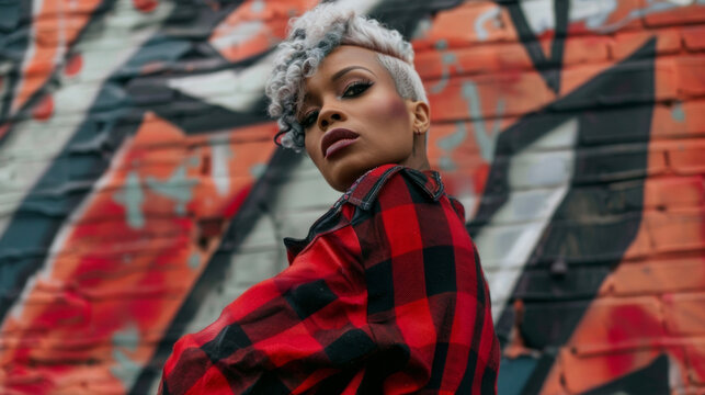 A black woman poses in a striking red and black plaid ensemble her short frosted hair and smoky eye makeup adding to her punk rock extravagance. With a sneer on her lips and a fierce .