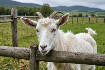 White goat sticking her head through a fence on a farm