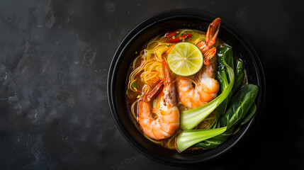 Laksa Shrimp bowl glass noodle dish top view copy space Asian Malaysian food with shrimps bok choy...
