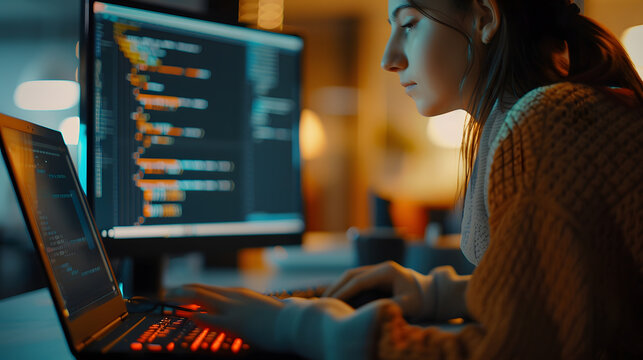 Side view portrait of female IT developer typing on keyboard with black and orange programming code on computer screen and laptop in contemporary office interior copy space : Generative AI
