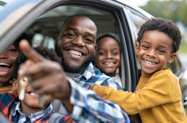 A happy family of four sitting in a new car, the father holding keys and pointing hand on the door handle smiling while the mom is driving the SUV, a family vacation concept - Powered by Adobe