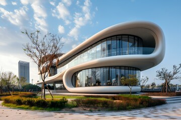 A building with a curved facade and a tree in front of it on a sunny day with a few clouds