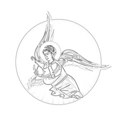Angel. Religious coloring page in Byzantine style on white background