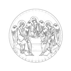 The Holy Trinities. Religious coloring page in Byzantine style on white background