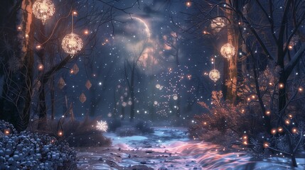 Beneath a canopy of starlit sky, a secluded forest path winds its way through a winter wonderland, illuminated by the gentle shimmer of freshly fallen snow.