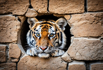 Close up view picture of the hollow hole on the the wall that show a tiger cub stay inside the wall