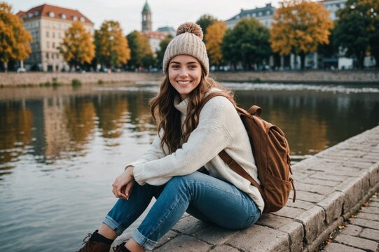 Young smiling female in casual clothes and knitted hat with backpack sitting on embankment of river in city