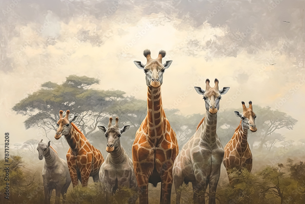 Poster a group of giraffes standing in a field with trees in the background