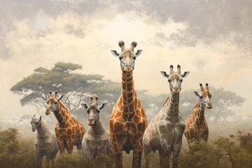 A group of giraffes standing in a field with trees in the background