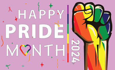 Happy Pride Month 2024. Pride festive banner background with multicolored fist for lgbtq+ pride month. Rainbow colored hand with a fist raised up. Gay Pride.