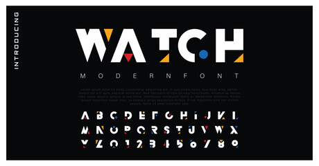 Watch Vector stencil serif minimal alphabet. Uppercase, Lowercase, Numbers.
