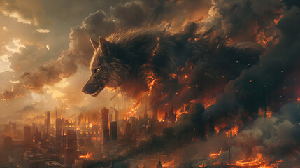 Mystical Scandinavian beast wolf Fenrir destroying modern city. Fenrir starts Ragnarok, fire, and smoke clouds. North Mythology background, Generative AI - obrazy, fototapety, plakaty